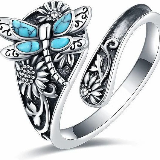 Wholesale Vintage Bohemian Winding Ring with Turquoise Dragonfly and Sunflower Design Women' s Fashion Jewelry Accessory