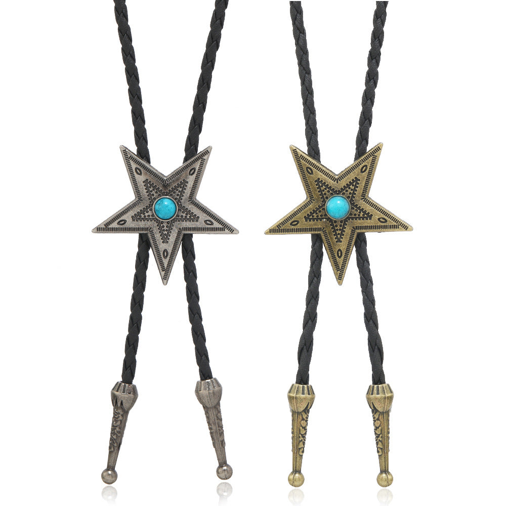 Wholesale 3PCS Alloy Retro Five-Pointed Star Turquoise Drawstring Sweater Chain