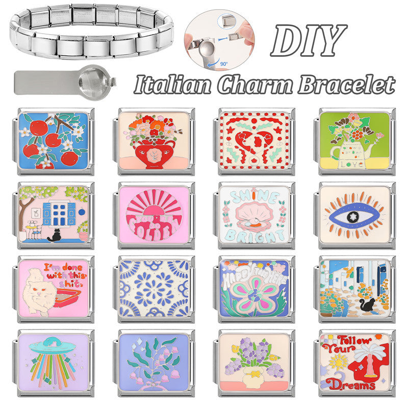 Wholesale 9mm Italian Charm Starter Bracelets DIY square Single Section Creative Stainless Steel Composable Bracelet