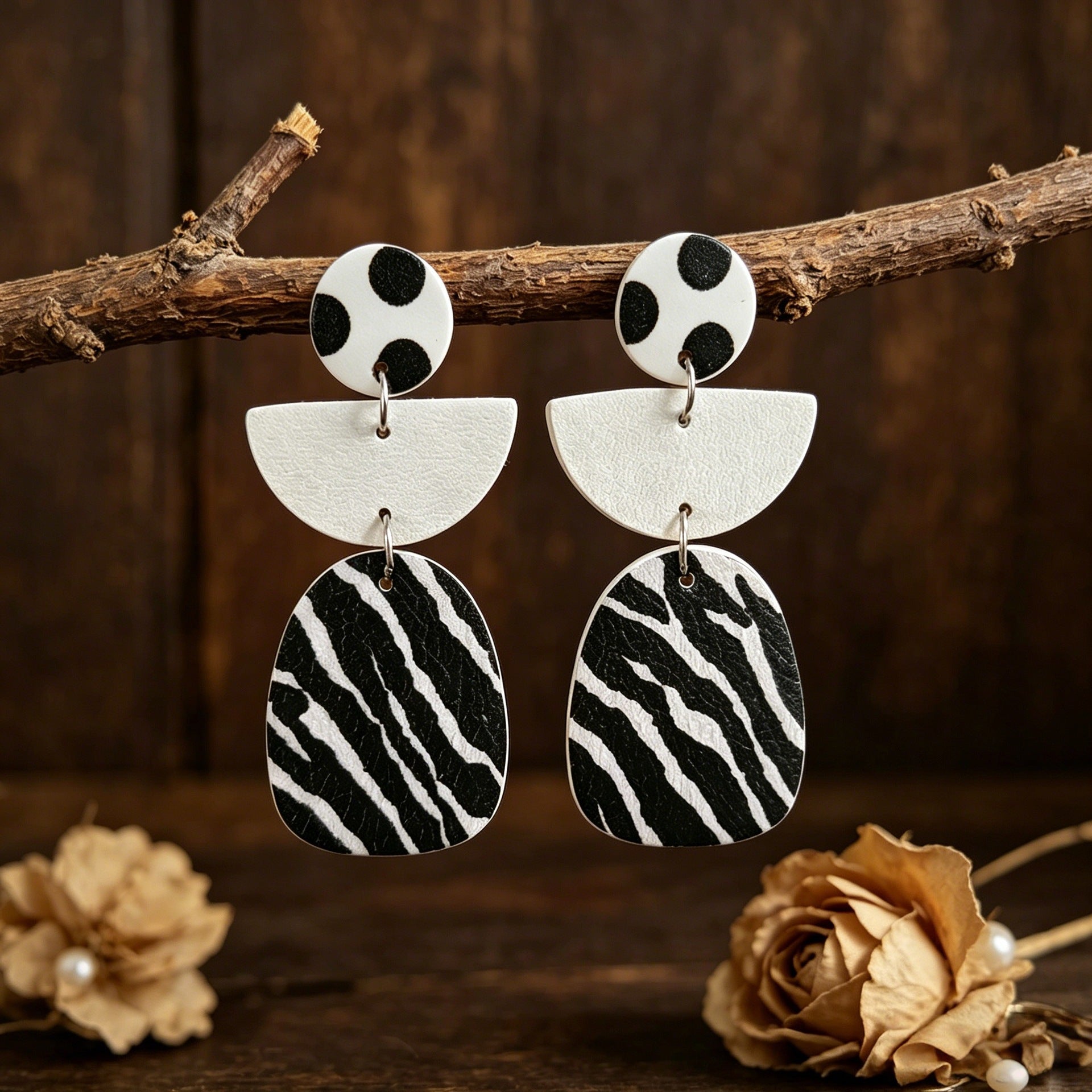 Wholesale Geometric Leather Earrings with Black White Polka Dot Zebra Pattern for Party Fashion Accessory