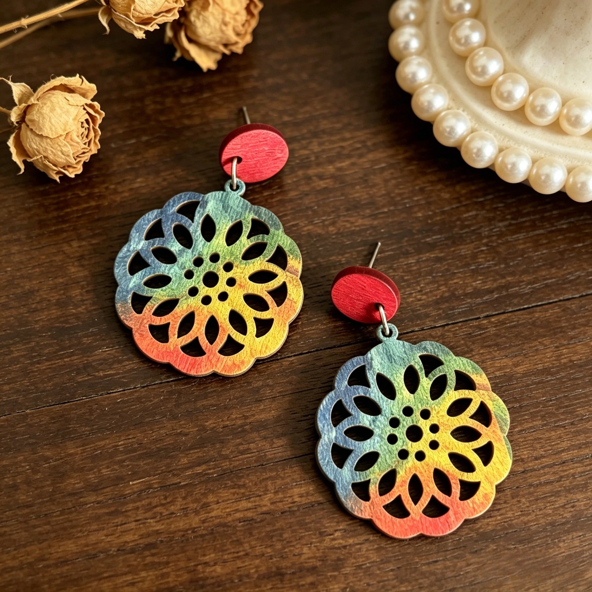 Wholesale Bohemian Rainbow Wood Earrings,  Retro Style Hollow Flower Dangles for Party Wear