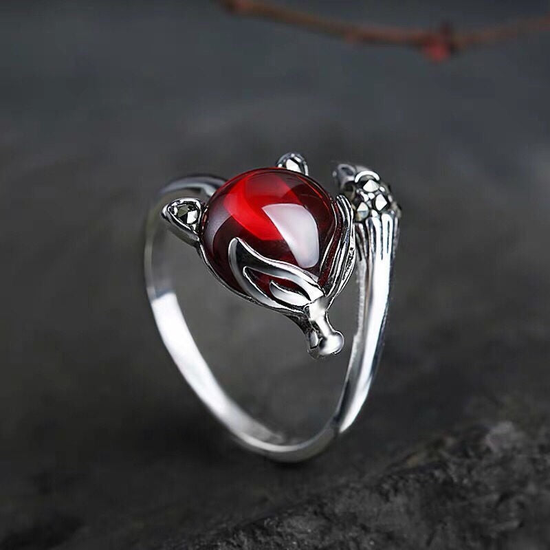 Wholesale Chalcedony Pomegranate Red Vintage Fox Open Adjustable Ring