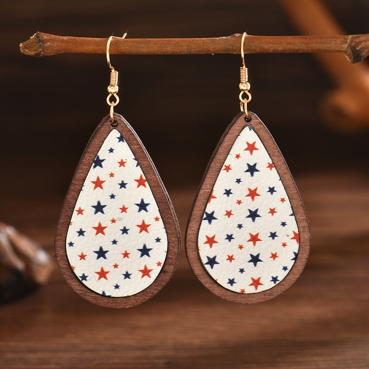 Wholesale American Independence Day Star Leather Pebbled Wooden Earrings ACC-ES-MT005