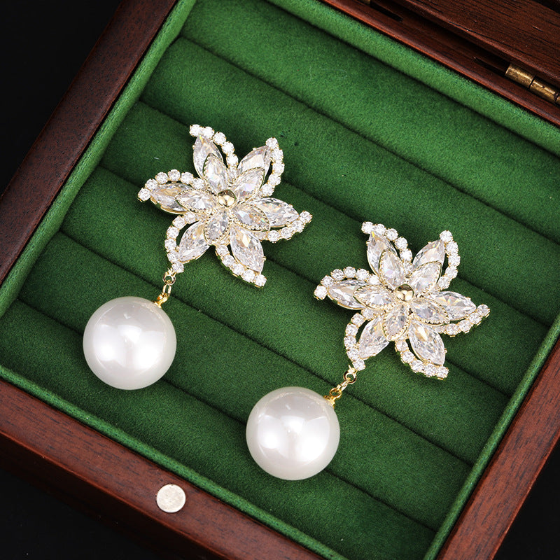 Wholesale Flower Earrings Super Flash Zircon Windmill Pearl Earrings