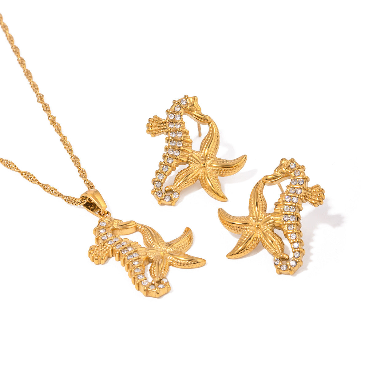 Wholesale 18k Gold Stainless Steel Hippocampus Starfish Diamond Earrings Necklaces