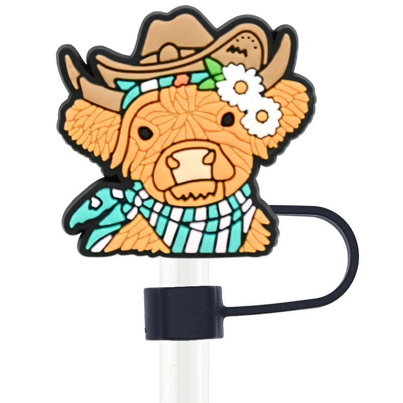 Wholesale Random 100pcs Cartoon Highland Cow  10mm PVC Soft Straw Tube Cap