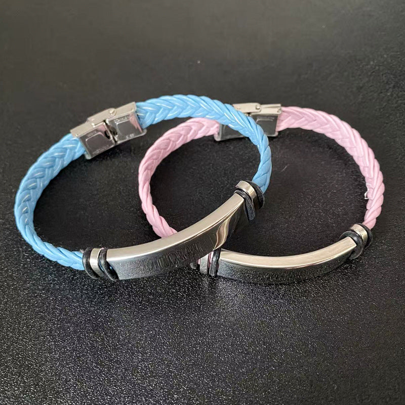Wholesale Cross-Border Hot-Selling Woven Stainless Steel Curved DIY Personalized Engraved Fashion Retro Couple Leather Bracelet