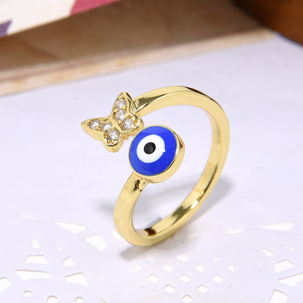 Wholesale Copper plated 18k color-preserving zircon butterfly oil-drop evil eye ring