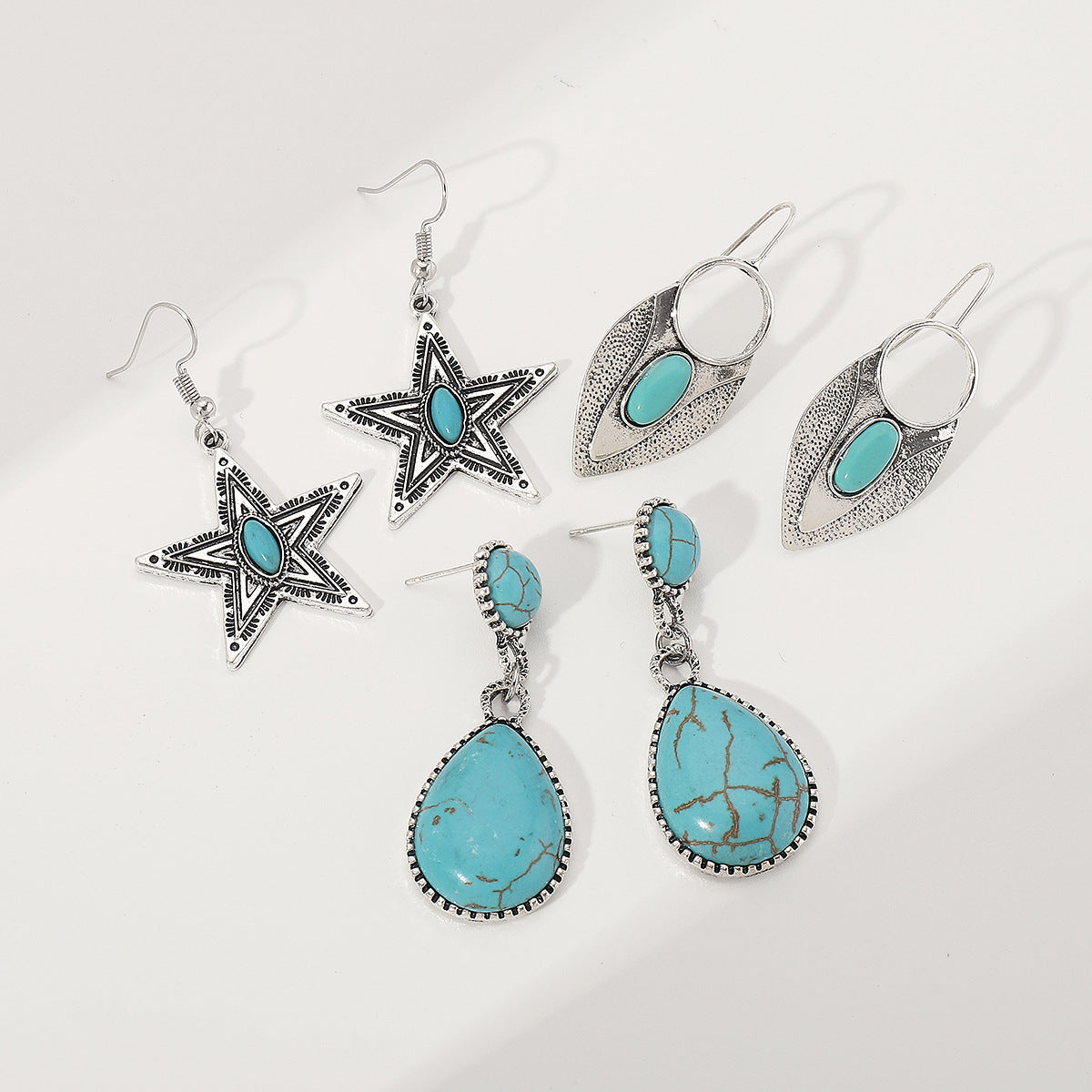 Wholesale  New Creative Ethnic Geometric Earrings Retro Artistic Lace Five-pointed Star Turquoise Earrings