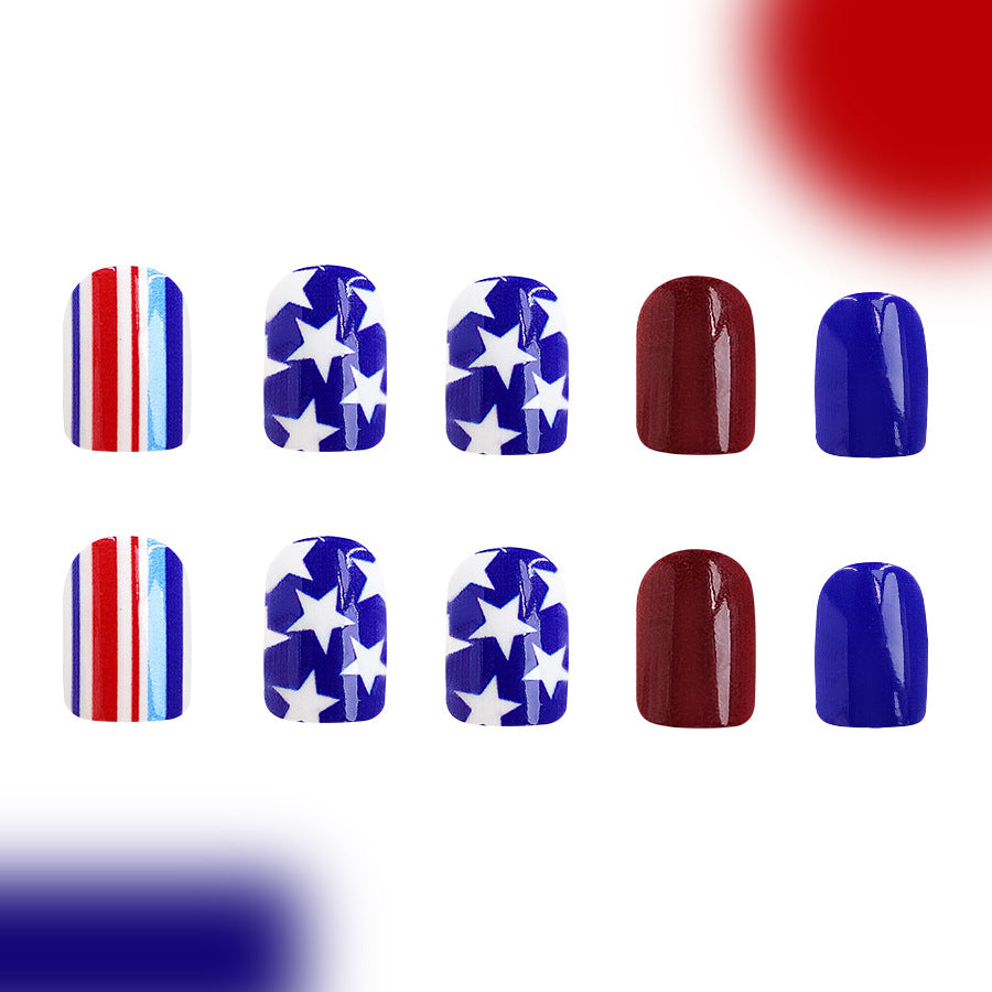 Wholesale 24 Pieces/box American Independence Day Short Glossy Five-pointed Star Manicure Press-on Nails Kits Nail Stickers ACC-NS-GuaiXL015