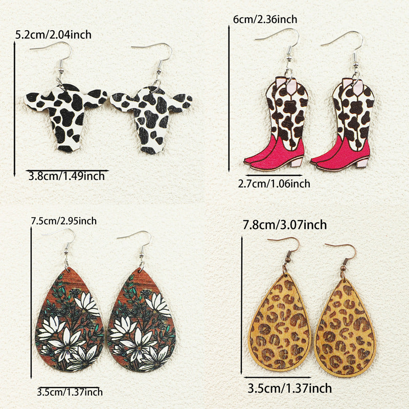 Wholesale Western Cowboy Style  Cow Pattern Boots Cow Head Leopard Print Flower Wooden Earrings