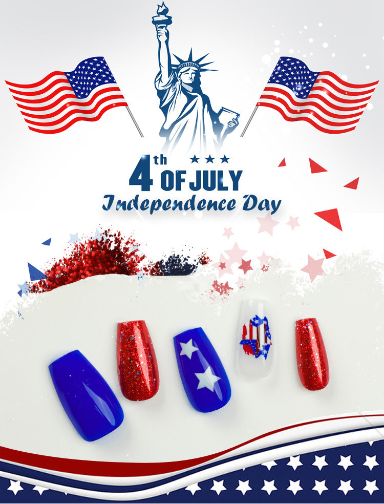 Wholesale 24 Pieces/box American Independence Day Short Shiny Wearing Nail Press-on Nails Kits ACC-NS-LeFan006