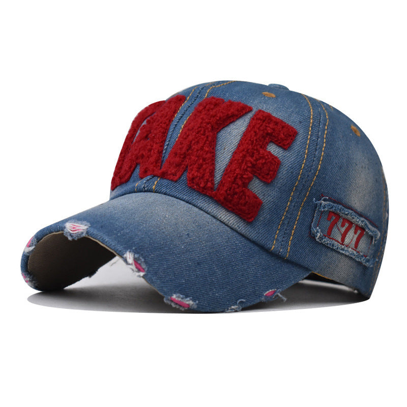 Wholesale Trendy Embroidered Washed Denim Baseball Cap Adjustable Wine Red Unisex