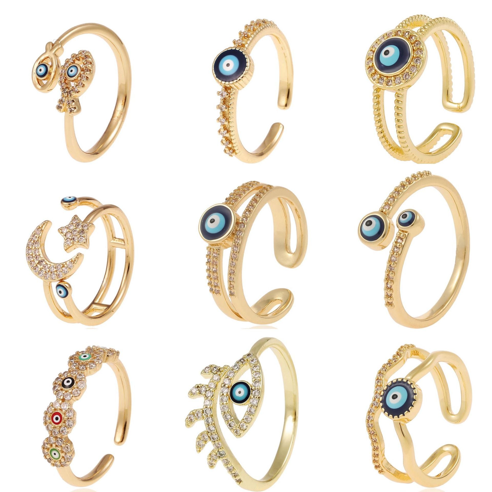 Wholesale Copper-Plated Gold-Tone Devil' s Eye Geometric Open Ring Fashion Jewelry Accessory Boutique Resale