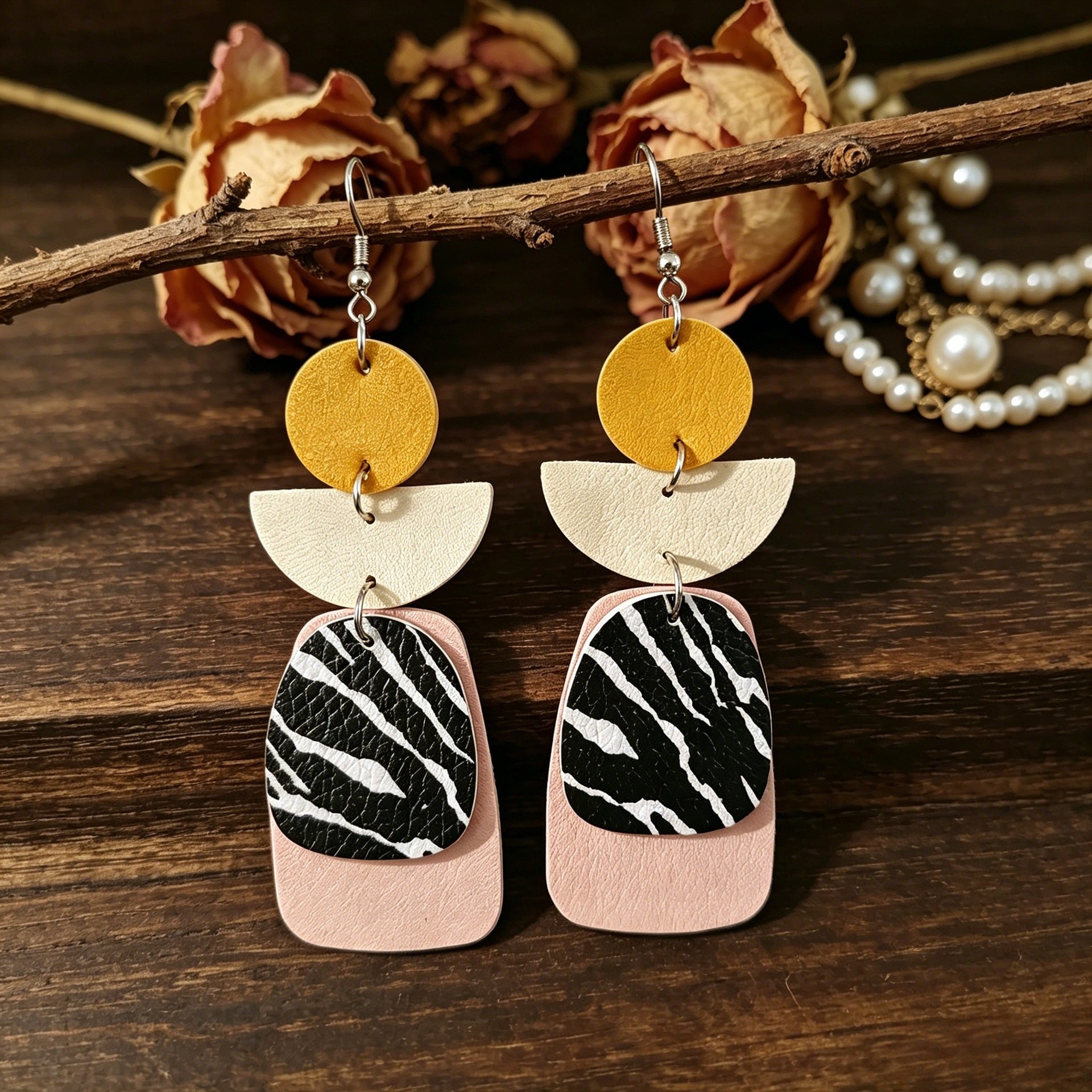 Wholesale Retro Zebra Pattern Faux Leather Earrings - Color-Block Geometric Patchwork Jewelry Accessory