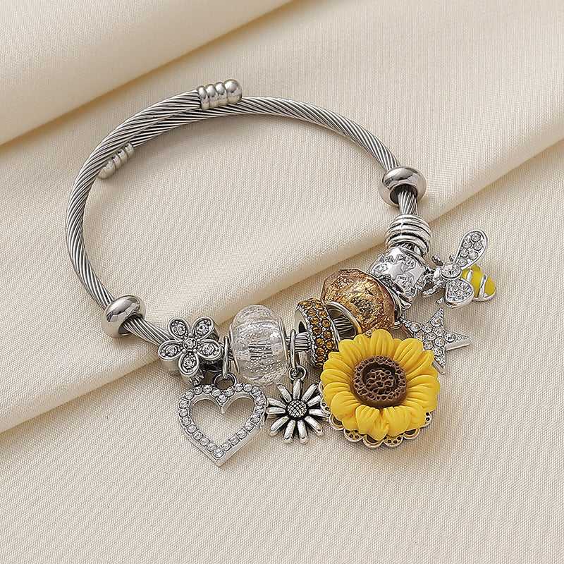 Wholesale  resin sunflower full diamond hollow love DIY beaded  opening bracelet
