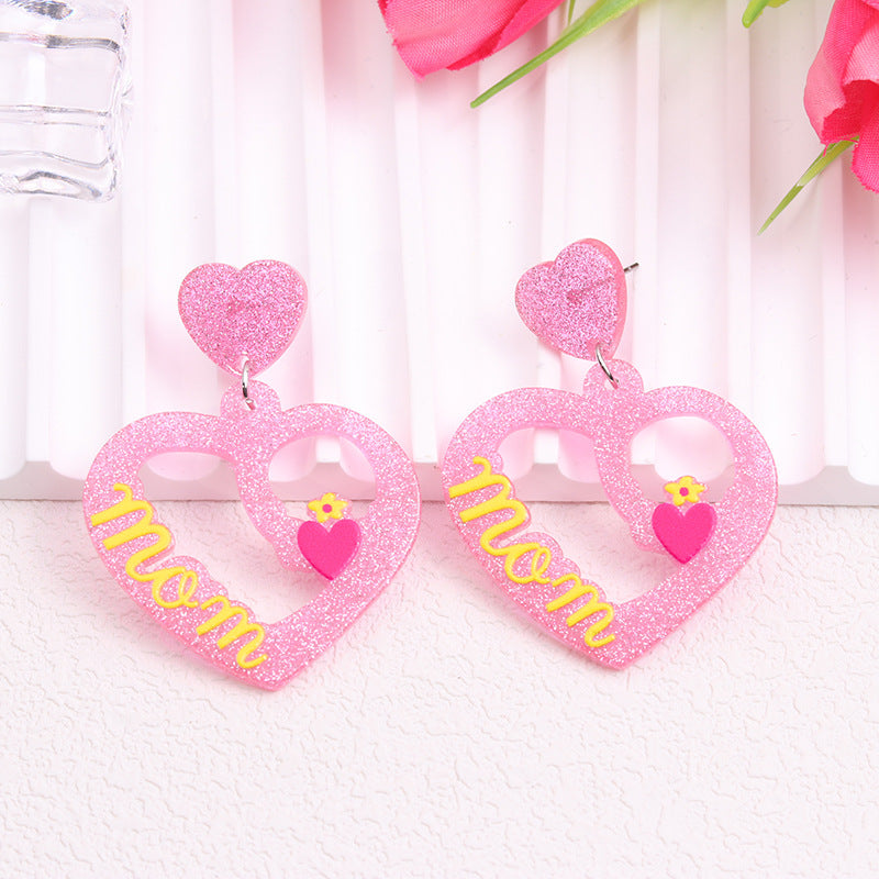 Wholesale Pink Love Mother's Day Gift Acrylic MAMA Hollow Earrings ACC-ES-DA006