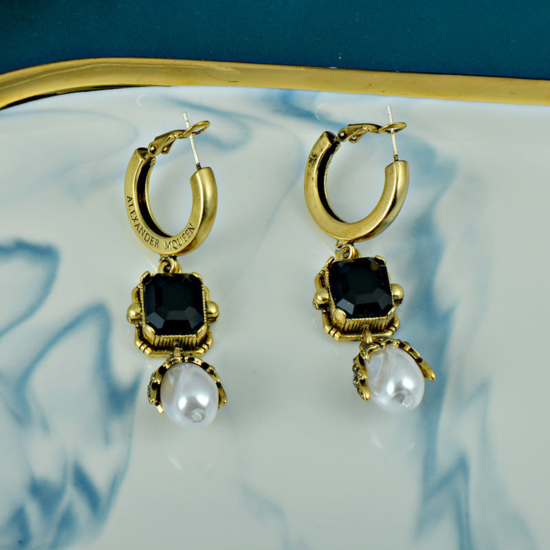 Wholesale Light Luxury Retro Old Antique Gold Crystal Pearl 925 Silver Needle Earrings ACC-ES-JiuJia007