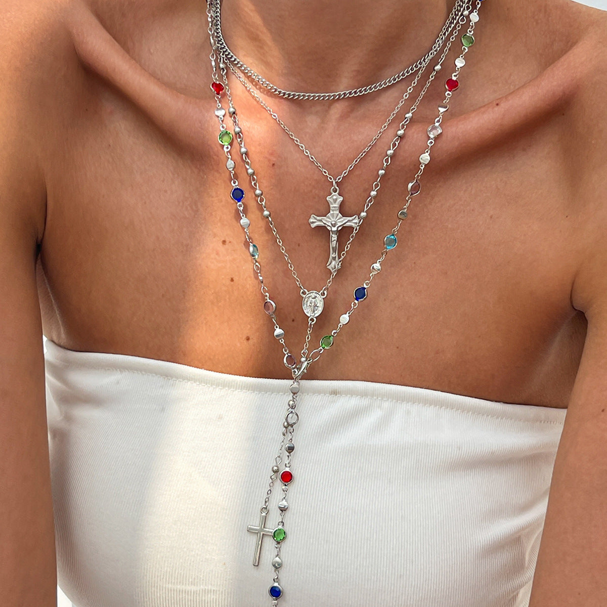 Wholesale Stylish Layered Cross Pendant Necklace With Tassel Rhinestone Gold Tone Alloy Electroplated Fashion Jewelry Accessory For Resale