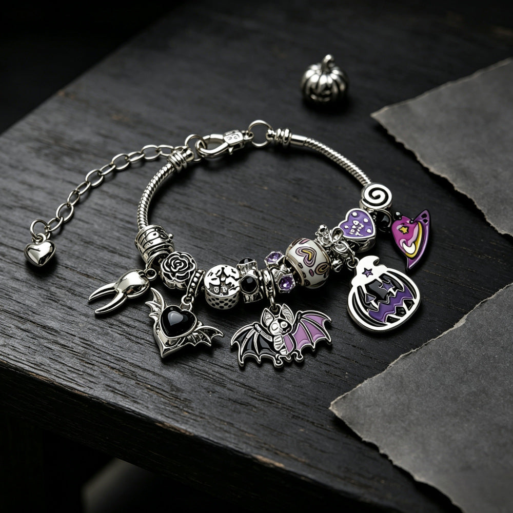 Wholesale Adjustable  Bead Bracelet With Pumpkin Bat Owl Skull Charms Vintage Zinc Alloy Unisex Jewelry Gift
