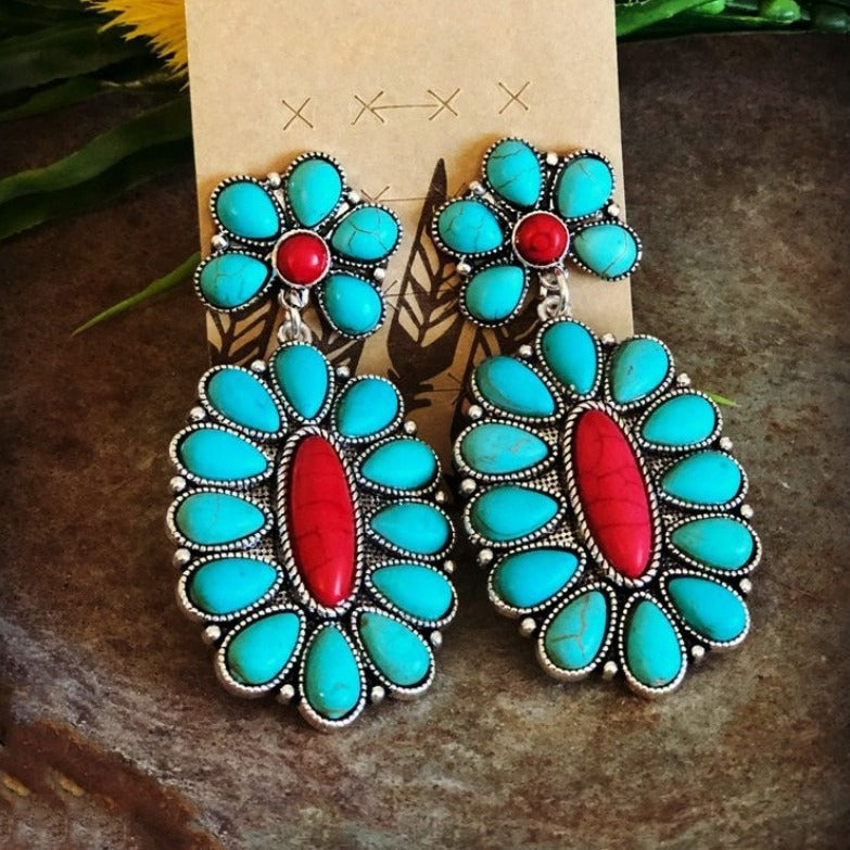 Wholesale Plating 925 Ancient Silver Turquoise Earrings European and American Yellow Turquoise Exaggerated Earrings