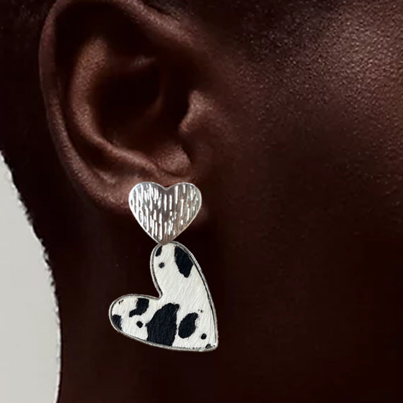 Wholesale 2 Pairs/pack Metal Love Heart Western Style Cow Print Leopard Print Alloy Earrings ACC-ES-HY136