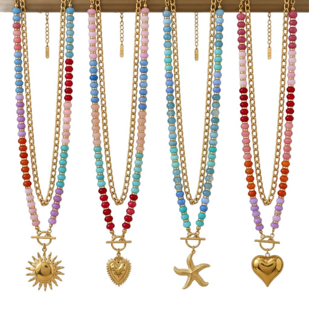Wholesale Rainbow Layered Beaded Necklace Heart Pendant Natural Stone Titanium Steel Chain For Women Boutique Resale