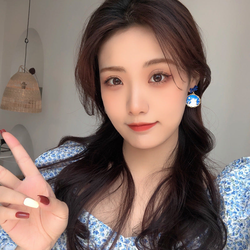 Wholesale Retro Cartoon Bow Blue Kitten Earrings