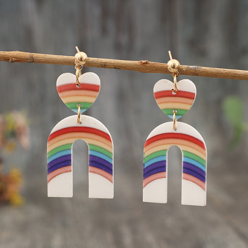Wholesale Moon Earrings U-Shaped Rainbow Pattern Stitching Heart Acrylic Earrings