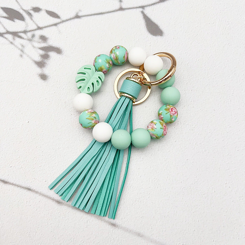 Wholesale Leaf Silicone Printed Silicone Beaded Tassel Keychain ACC-KC-JiuYa019