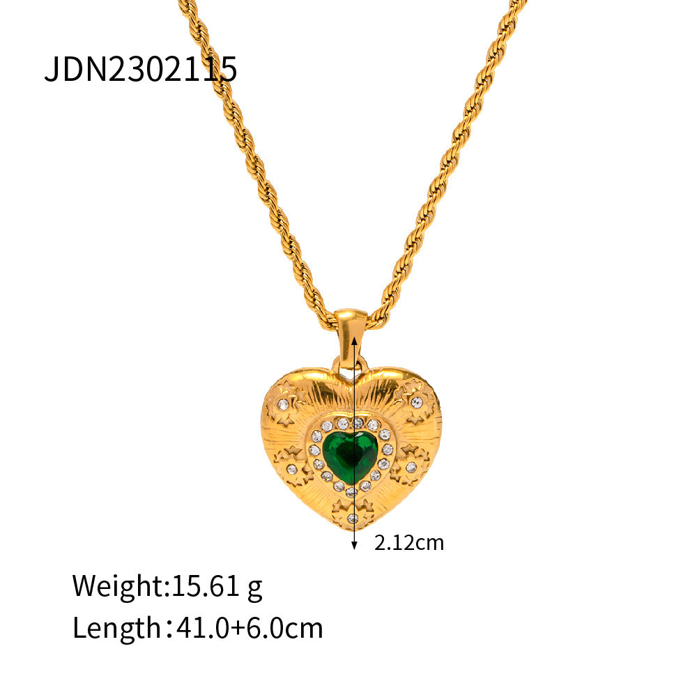 Wholesale 18k Gold Emerald Zircon Heart Shaped Pendant Necklace Stainless Steel Necklace ACC-NE-JD001