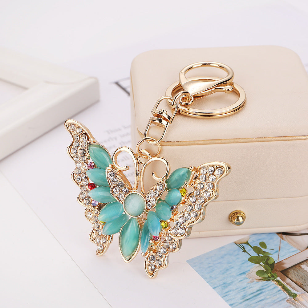 Wholesale Creative Butterfly Alloy Keychain with Cat' s Eye Gemstone