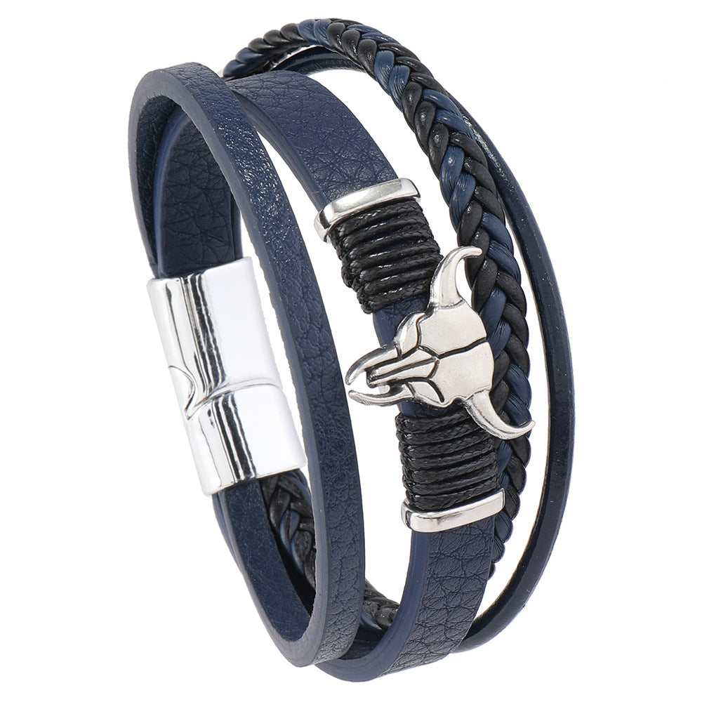 Wholesale Leather Western-style cowboy bull head multi-layered bracelet