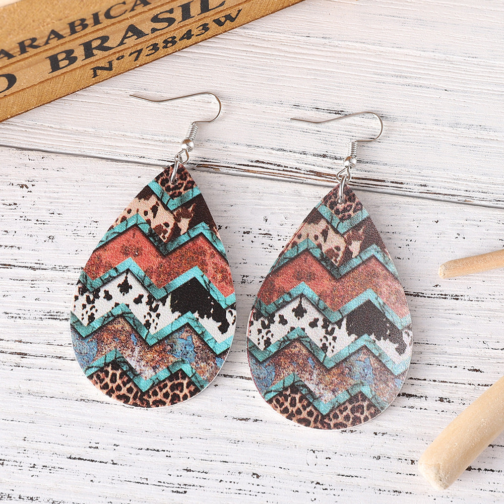 Wholesale Western Ethnic Leopard Dairy Pattern Turquoise Pattern Water Drop Earrings