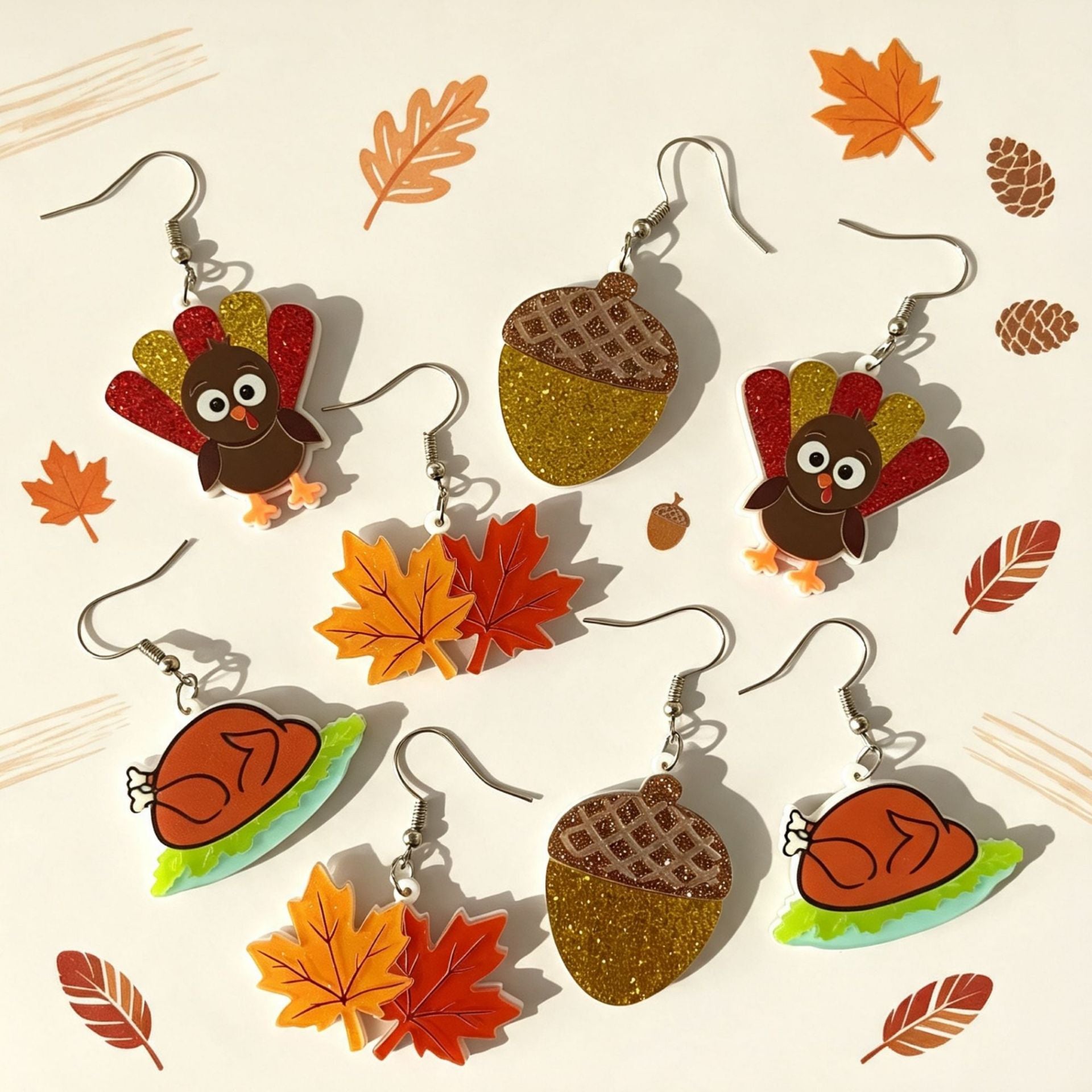Wholesale Cute Turkey Maple Leaf Pinecone Acrylic Earrings For Thanksgiving Party Holiday Jewelry Accessory
