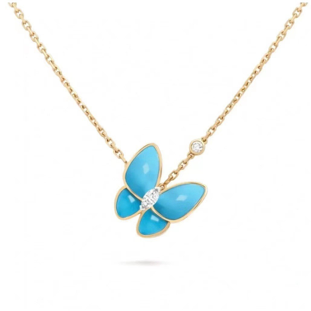 Wholesale Gold Electroplated Butterfly Necklace,  Turquoise and Mother-of-Pearl,  Trendy Jewelry Accessory