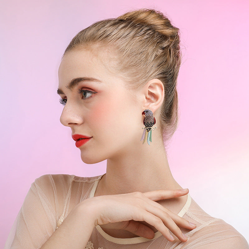 Wholesale Full Diamond Parrot Stud Earrings for Women Trendy Bird Jewelry Gift