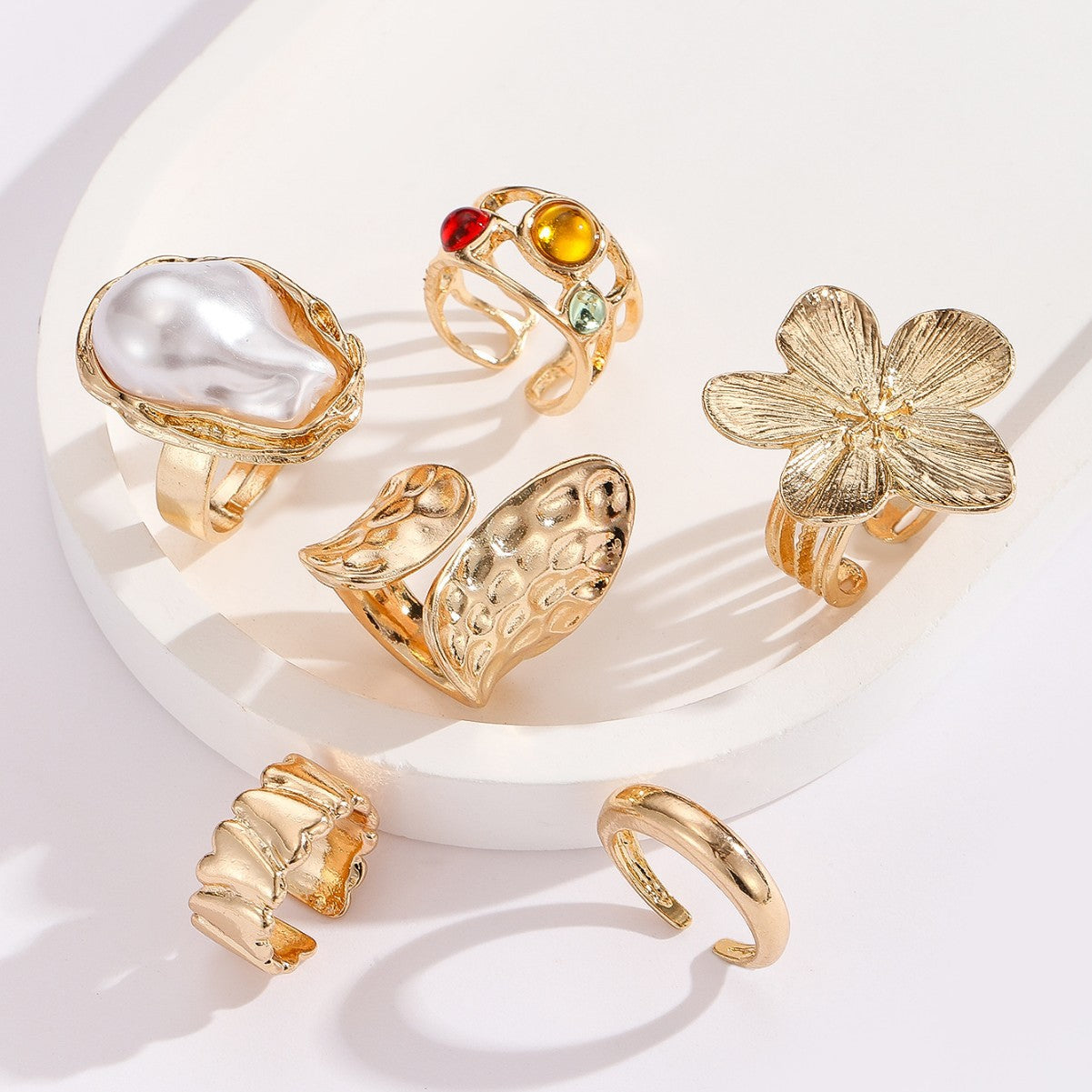 Wholesale Gold Baroque Lava Texture Flower Ring Set For Women Adjustable Wide Band Geometric Shape Everyday Chic Jewelry Accessory