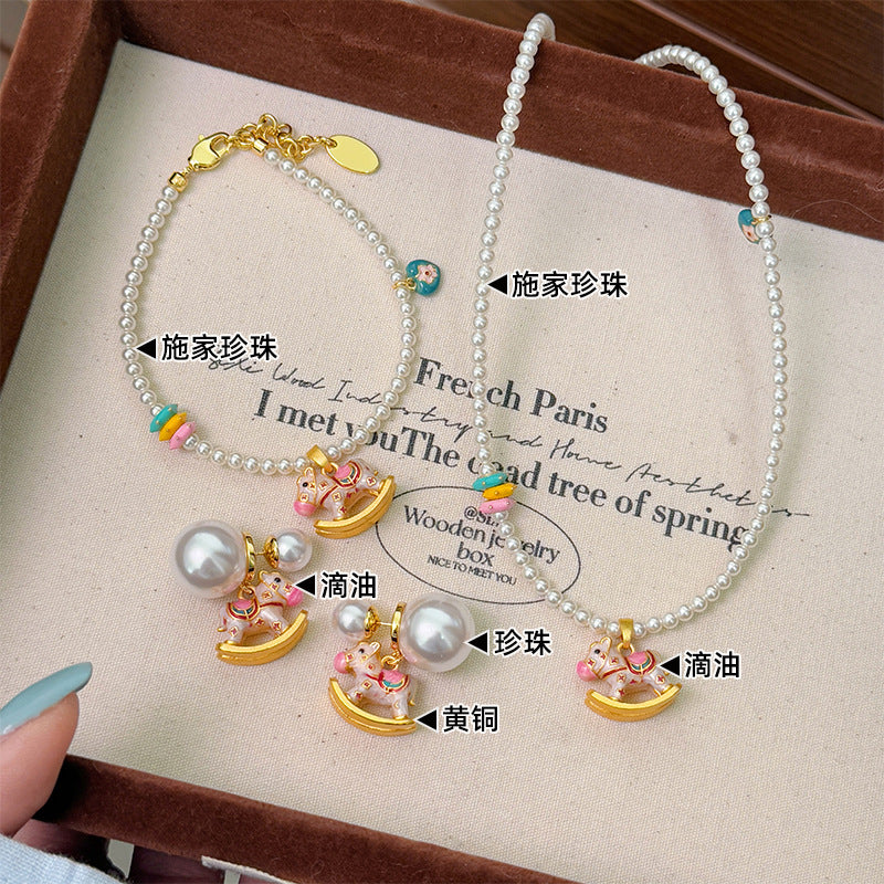 Wholesale Summer Cute Color Dopamine Oil Enamel Trojan Horse Pearl Necklace