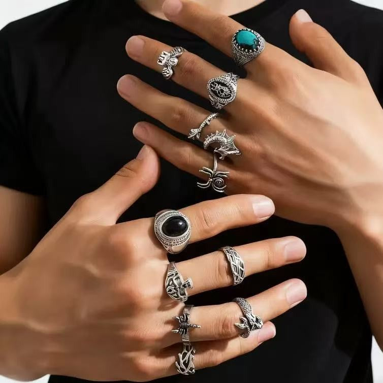 Wholesale Vintage Punk Skeleton  Ring Set 24 Piece Ancient Silver Zinc Alloy Jewelry Accessory