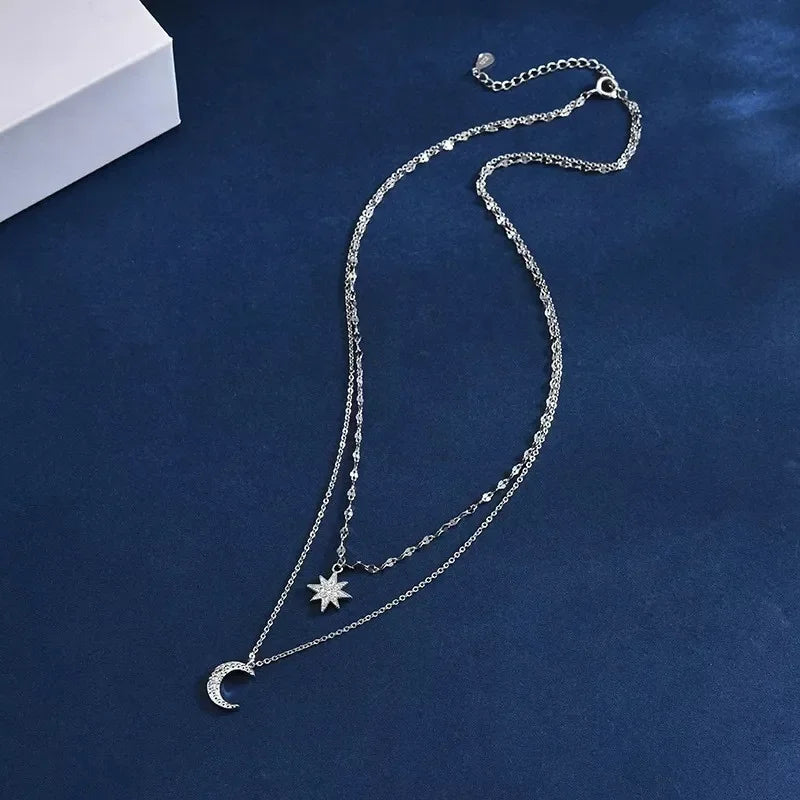 Wholesale Moon Star Double Layer Necklace Delicate Fine Chain