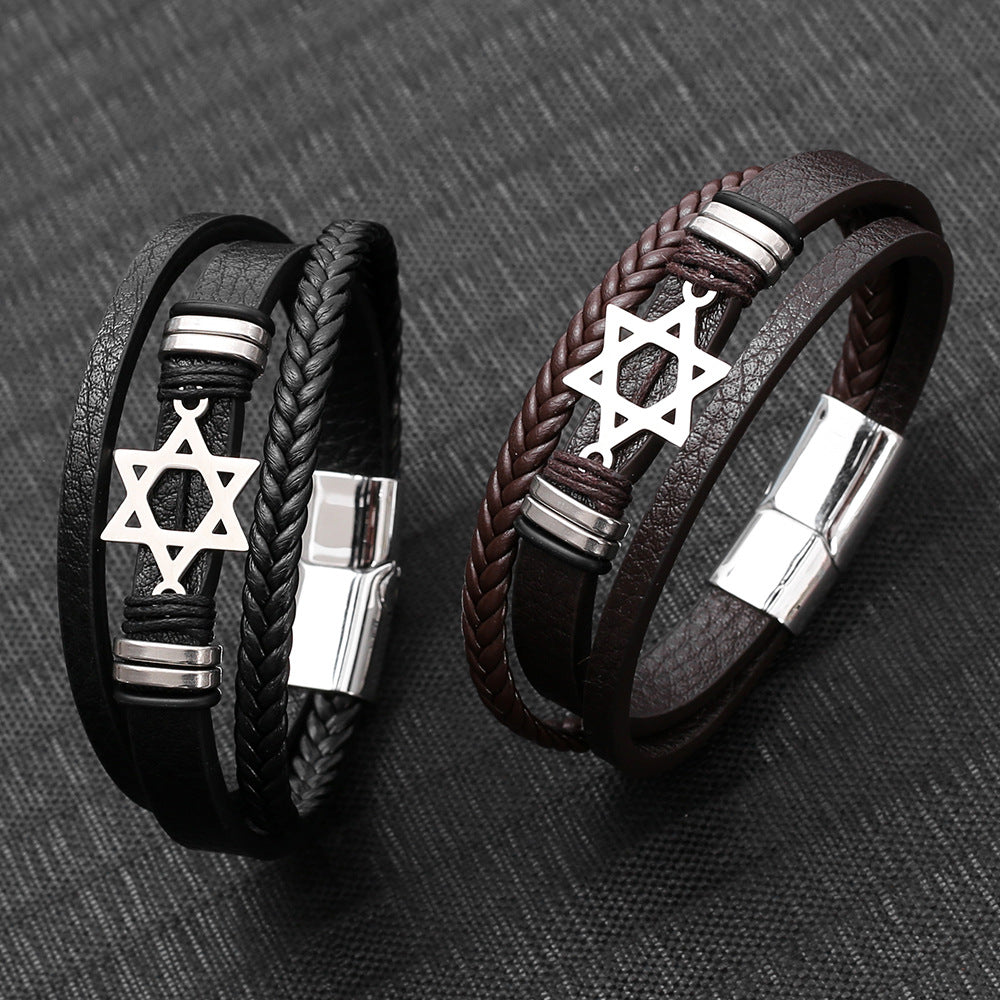 Wholesale Star Design Layered PU Leather Bracelet Magnetic Clasp Fashion Unisex Jewelry Gift