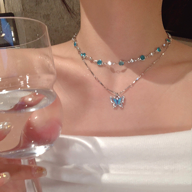Wholesale  Diamond Butterfly Necklace  Light Luxury Elegant Double Layer Stacked Choker Clavicle Chain