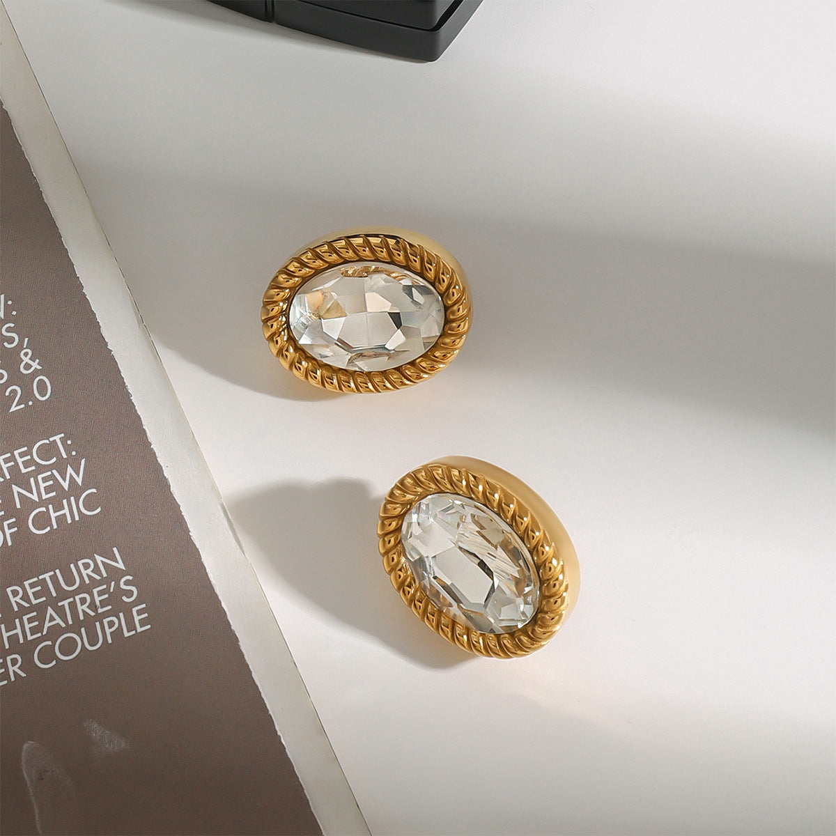 Wholesale 18k gold stainless steel oval glass stone earrings