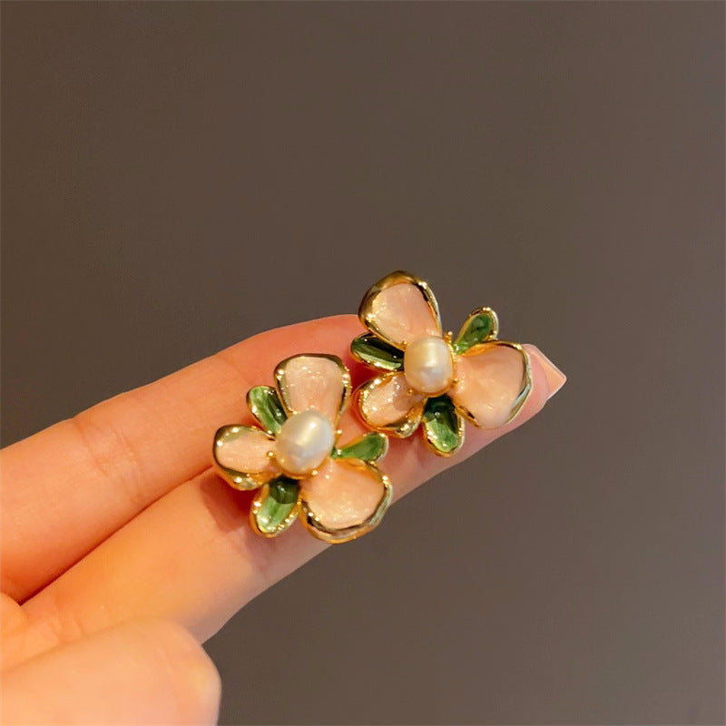 Wholesale Vintage Enamel Glaze Pink Gardenia Pearl Earrings