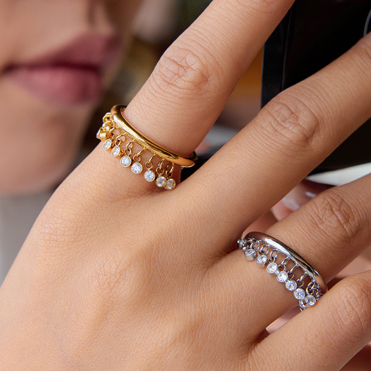 Wholesale 18K Gold Stainless Steel Round Zircon Tassel Ring