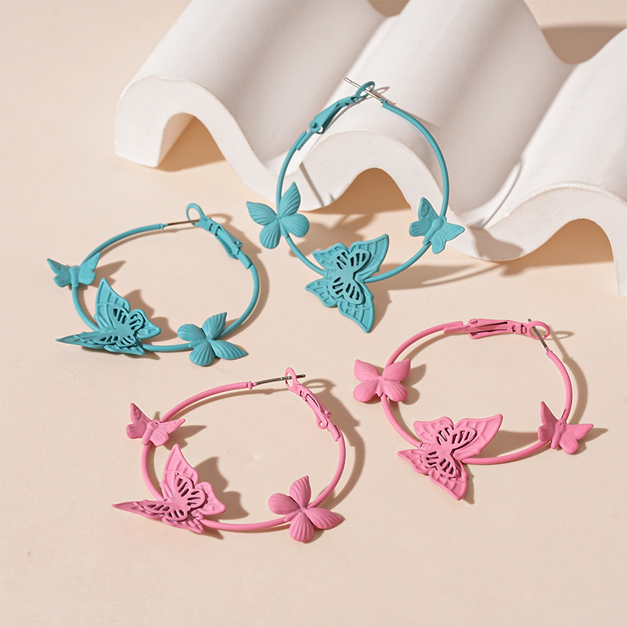 Wholesale Painted butterfly circle silver needle earrings