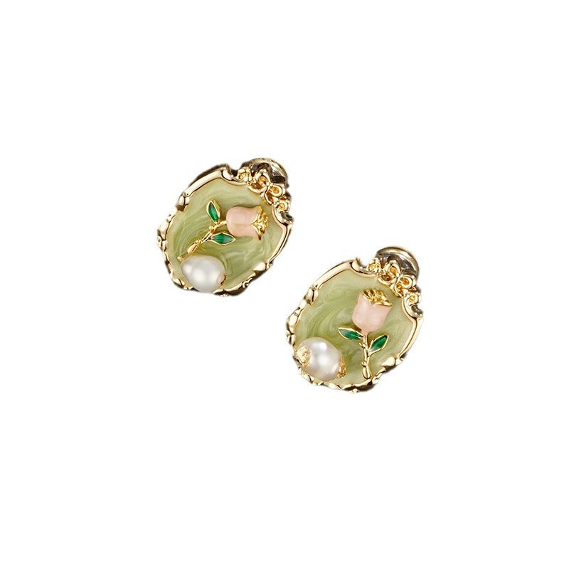 Wholesale Green Oil Painting Pearl Flower Glaze Earrings