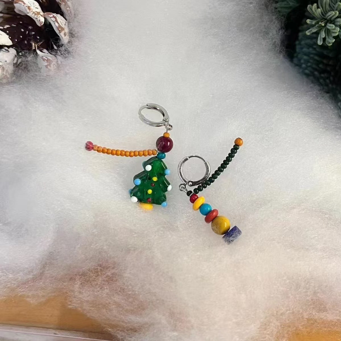 Wholesale  Asymmetric Beaded Christmas Tree Ear Buckle Earrings