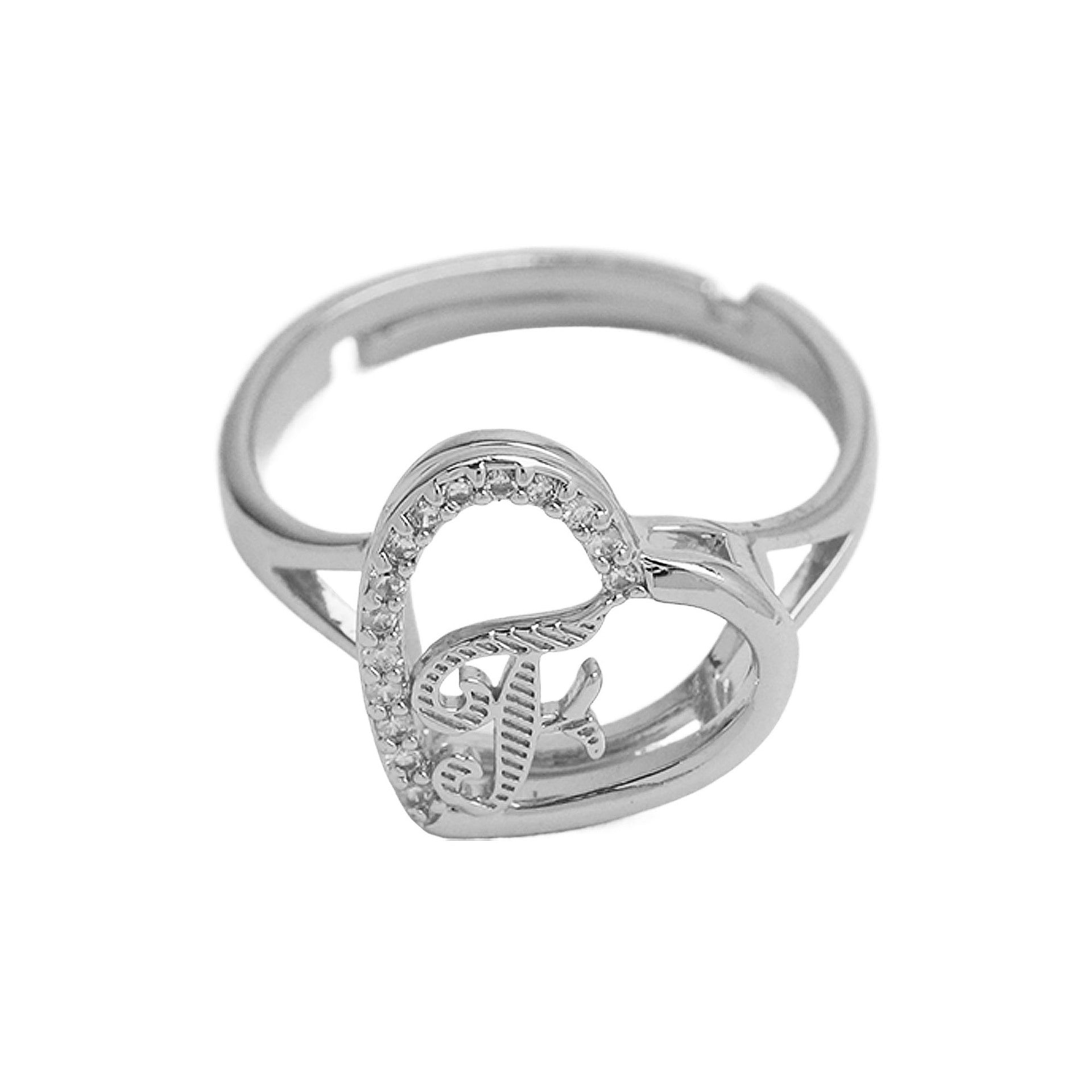 Wholesale  heart-shaped love texture hollow 26 grass English letters open heart ring